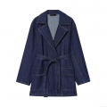 Women Fashion Denim Trench Coat Elegant Long Sleeve Belted Waist Outerwear With Large Lapel And Pockets Casual Dark Blue Polyester Blend Long Jacket For Women