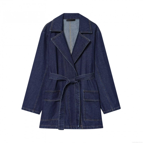 Women Fashion Denim Trench Coat Elegant Long Sleeve Belted Waist Outerwear With Large Lapel And Pockets Casual Dark Blue Polyester Blend Long Jacket For Women