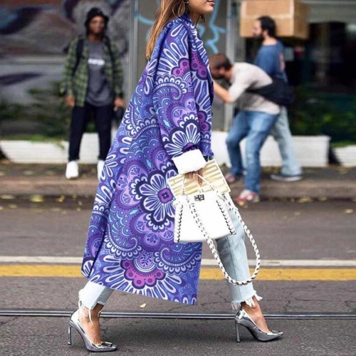Women's Long Printed Trench Coat Bohemian Paisley Mandala Floral Pattern Round Neck Overcoat Double Breasted Autumn Winter Streetwear Fashion Outerwear Jackets For Women