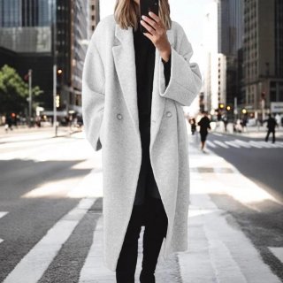 Women Long Wool Blend Overcoat Elegant Double Breasted Lapel Collar Loose Fit Winter Warm Trench Coat Casual Streetwear Fashion Outerwear Lady