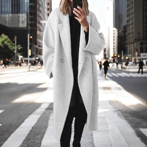 Women Long Wool Blend Overcoat Elegant Double Breasted Lapel Collar Loose Fit Winter Warm Trench Coat Casual Streetwear Fashion Outerwear Lady