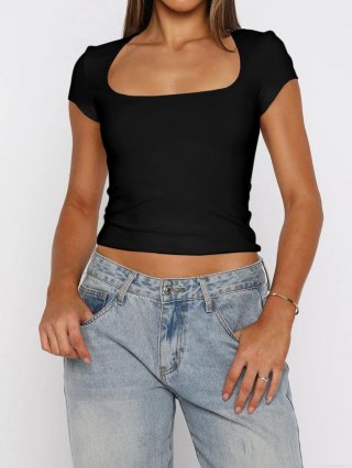 Sexy Y2K Women's Square Neck Short Sleeve Crop Top Solid Color Tight Fit Polyester and Elastane T-Shirt Basic Versatile Summer Streetwear
