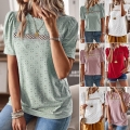 Women Summer Lace Patchwork T-Shirt Elegant Round Neck Eyelet Embroidery Short Bubble Sleeve Top Casual Hollow Out Cotton Blend Tee For Ladies