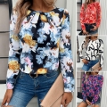 Women's Floral Print Long Sleeve Top Round Neck Polyester Tunic Blouse Casual Elegant Abstract Pattern Pullover Shirt For Daily Office Work Party Women Clothing