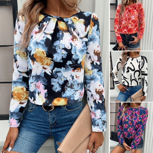 Women's Floral Print Long Sleeve Top Round Neck Polyester Tunic Blouse Casual Elegant Abstract Pattern Pullover Shirt For Daily Office Work Party Women Clothing