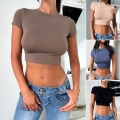 Women's Y2K Short Sleeve Crop Top Round Neck Slim Fit Basic Solid Color Tee Viscose Elastane Ribbed Knit Shirt Casual Summer Top for Women