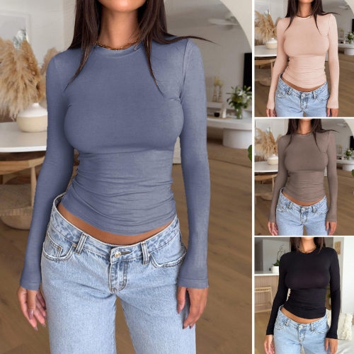 Women's Casual Long Sleeve T-Shirt Viscose Elastane Blend Slim Fit Crew Neck Solid Color Basic Undershirt Top For Daily Commute Autumn Spring