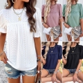 Women's Summer Short Sleeve T-Shirt Hollow-out Embroidery Eyelet Top With Ruffle Collar And Puff Sleeves Casual Solid Color Polyester Blouse For Vacation Daily