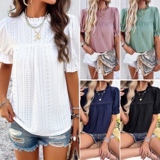 Women's Summer Short Sleeve T-Shirt Hollow-out Embroidery Eyelet Top With Ruffle Collar And Puff Sleeves Casual Solid Color Polyester Blouse For Vacation Daily