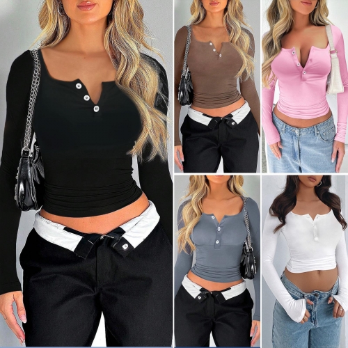 Women Henley V-Neck Long Sleeve T-Shirt 92% Polyester 8% Elastane Slim Fit Button Ribbed Knit Solid Color Casual Daily Spring Summer Top