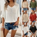Women's Loose V Neck Viscose Knit Top Casual Mesh Hollow Out Batwing Sleeve Poncho Style T-Shirt For Beach Vacation Leisure Wear