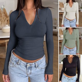 Women's Long Sleeve T-Shirt Viscose Elastane Blend Zipper V Neck Slim Fit Ribbed Texture Casual Daily Wear Y2K Aesthetic Basic Top