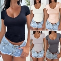Women's Slim Fit Modal T-Shirt Sexy Low U Neck Short Sleeve Top Y2K Streetwear Basic Solid Color Soft Breathable Stretch Tee For Daily Casual