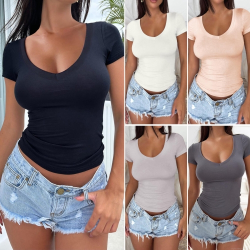 Women's Slim Fit Modal T-Shirt Sexy Low U Neck Short Sleeve Top Y2K Streetwear Basic Solid Color Soft Breathable Stretch Tee For Daily Casual