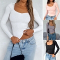 Women's Y2k Slim Fit Ribbed Knit Long Sleeve T-Shirt With Lace Trim Square U-Neck Solid Color Polyester Spandex Top For Daily Wear