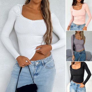 Women's Y2k Slim Fit Ribbed Knit Long Sleeve T-Shirt With Lace Trim Square U-Neck Solid Color Polyester Spandex Top For Daily Wear