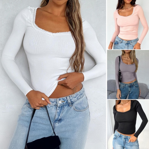 Women's Y2k Slim Fit Ribbed Knit Long Sleeve T-Shirt With Lace Trim Square U-Neck Solid Color Polyester Spandex Top For Daily Wear