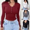 Women's Slim Fit Ribbed Knit Henley Top V-Neck Long Sleeve Viscose Elastane Blend Button Front Casual Solid Color T-Shirt for Women