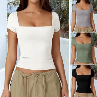 Women's Summer T-Shirt Square Neck Short Sleeve Slim Fit Viscose Blend Solid Color Casual Basic Top Mercerized Tee For Vacation Daily Wear