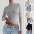 Women's Slim Fit Mock Neck T-Shirt Polyester Elastane Long Sleeve Ribbed Knit Solid Color Casual Autumn Winter Basic Top For Ladies