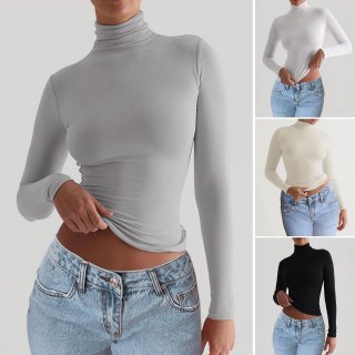Women's Slim Fit Mock Neck T-Shirt Polyester Elastane Long Sleeve Ribbed Knit Solid Color Casual Autumn Winter Basic Top For Ladies