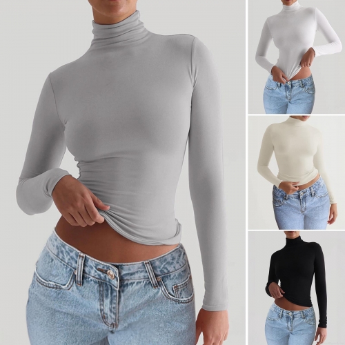 Women's Slim Fit Mock Neck T-Shirt Polyester Elastane Long Sleeve Ribbed Knit Solid Color Casual Autumn Winter Basic Top For Ladies