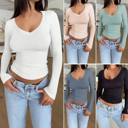 Women's Long Sleeve Scoop Neck T-Shirt Viscose Elastane Slim Fit Solid Color Basic Undershirt Top Casual Elegant Pullover Shirt For Women
