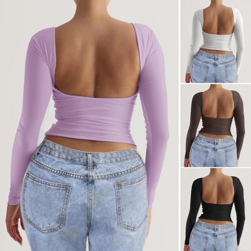 Women Y2K Sexy Open Back T-Shirt Round Neck Long Sleeve Slim Fit Knit Top Ruched Solid Color Backless Pullover Autumn Winter Casual Tee