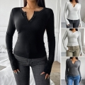 Women's V Neck Henley Long Sleeve T-Shirt Ribbed Knit Slim Fit Button Front Pullover Top Casual Daily Wear Y2K Style Blouse for Ladies
