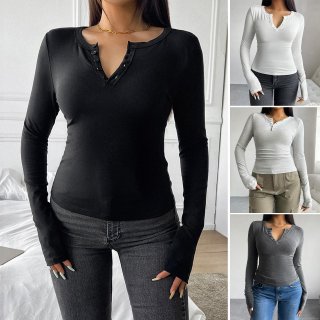 Women's V Neck Henley Long Sleeve T-Shirt Ribbed Knit Slim Fit Button Front Pullover Top Casual Daily Wear Y2K Style Blouse for Ladies