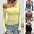 Women's Asymmetric One Shoulder Long Sleeve T-Shirt Sexy Slim Fit Knit Top With Lace Patchwork Hem Y2K Solid Color Autumn Winter Leisure Shirt
