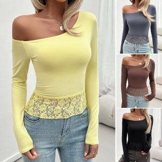 Women's Asymmetric One Shoulder Long Sleeve T-Shirt Sexy Slim Fit Knit Top With Lace Patchwork Hem Y2K Solid Color Autumn Winter Leisure Shirt