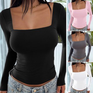 Women's Square Neck Long Sleeve T-Shirt Y2K Slim Fit Pullover Top Viscose Knitted Solid Color Sexy Bodycon Basic Tee For Daily Dating Streetwear Fashion Short Undershirt