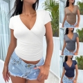 Women's Slim Fit V Neck Short Sleeve T-Shirt 92 Viscose 8 Elastane Ruched Side Basic Solid Color Summer Crop Top For Women Casual Streetwear Western Style