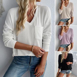 Women's V Neck Long Sleeve Knitted T-Shirt Waffle Texture Loose Casual Pullover Top With Pocket For Autumn Winter Daily Wear Ladies Comfort Clothing