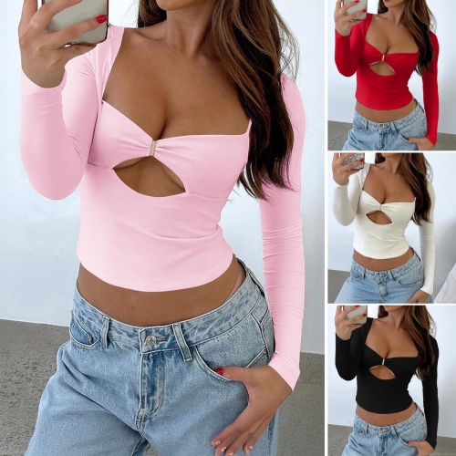 Women's Sexy Cut-out Long Sleeve Knit Top Y2K Slim Fit Square Neck Cropped T-Shirt With Metal Buckle Solid Color Viscose Pullover For Party Clubwear