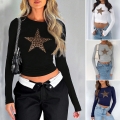 Women's Sexy Y2K Star Leopard Print Long Sleeve Crop Top Round Neck Slim Fit Viscose Elastane T-Shirt For Casual Party Women Tops