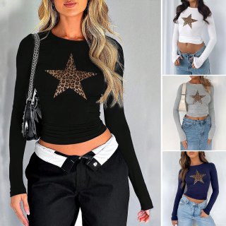 Women's Sexy Y2K Star Leopard Print Long Sleeve Crop Top Round Neck Slim Fit Viscose Elastane T-Shirt For Casual Party Women Tops