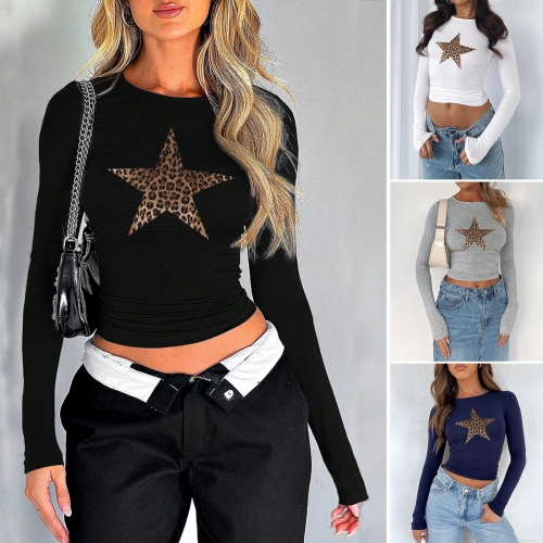 Women's Sexy Y2K Star Leopard Print Long Sleeve Crop Top Round Neck Slim Fit Viscose Elastane T-Shirt For Casual Party Women Tops