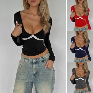 Women's Sexy Deep V-Neck Long Sleeve Top with White Lace Patchwork Slim Fit Ribbed Knit T-Shirt Y2K Streetwear Party Fashion Clothing for Women