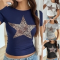 Women's Sexy Y2K Leopard Star Print Slim Fit T-Shirt Soft Viscose Elastane Blend Round Neck Short Sleeve Crop Top Streetwear Fashion Summer Tee