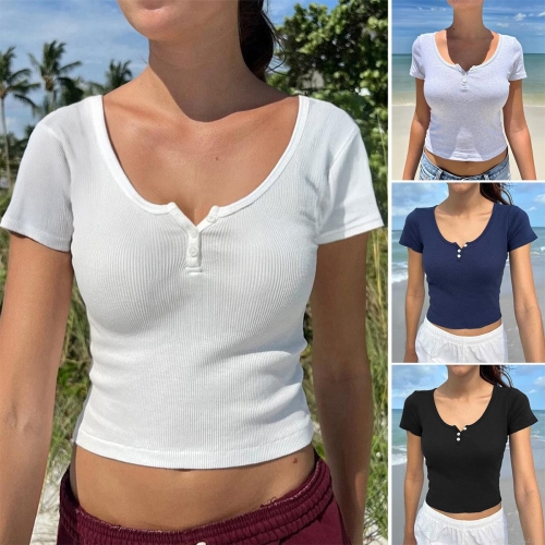 Women's Short Sleeve Henley T-Shirt Ribbed Knit Slim Fit V-Neck Button Front Cropped Top Casual Summer Beach Resort Apparel