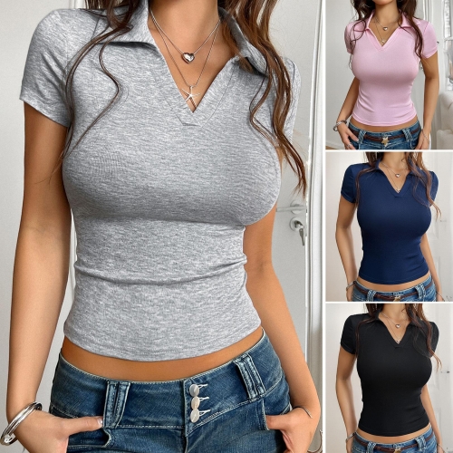 Women Short Sleeve Knitted Polo Shirt Y2K V Neck Slim Fit Cropped Top Viscose Spandex Ribbed Knit Casual Summer Tee Streetwear Top