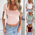Women's Y2K Sexy U-Neck Short Sleeve Crop Top Slim Fit Solid Color Polyester Spandex T-Shirt Casual Daily Streetwear Basic Tee for Summer Women
