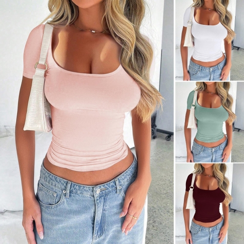 Women's Y2K Sexy U-Neck Short Sleeve Crop Top Slim Fit Solid Color Polyester Spandex T-Shirt Casual Daily Streetwear Basic Tee for Summer Women