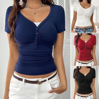 Women's Y2K Sexy Slim Fit V Neck Short Sleeve T-Shirt With Lace Trim Button Decor Ruched Solid Color Ribbed Summer Tops