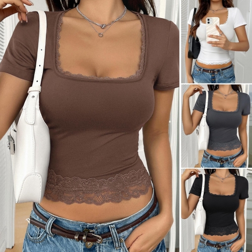 Women's Sexy Y2K Slim Fit T-Shirt Lace Patchwork U-Neck Short Sleeve Knitted Ribbed Crop Top Polyester Elastane Casual Dating Party Streetwear
