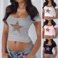 Women Y2K Sexy Slim Fit Crop Top Leopard Star Print U-Neck Short Sleeve T-Shirt 95% Viscose 5% Elastane Ribbed Casual Summer Tee Top