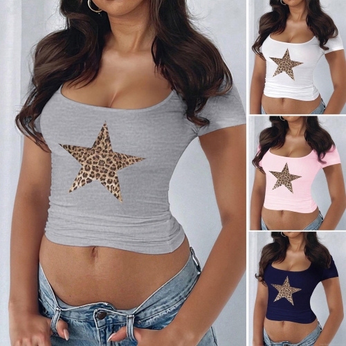 Women Y2K Sexy Slim Fit Crop Top Leopard Star Print U-Neck Short Sleeve T-Shirt 95% Viscose 5% Elastane Ribbed Casual Summer Tee Top