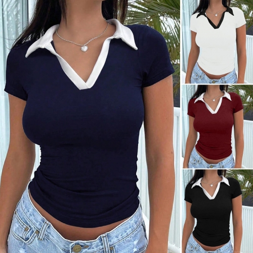 Women's Slim Fit Contrast Polo Collar V-Neck Short Sleeve T-Shirt Viscose Elastane Knitted Summer Casual Y2K Style Top for Women